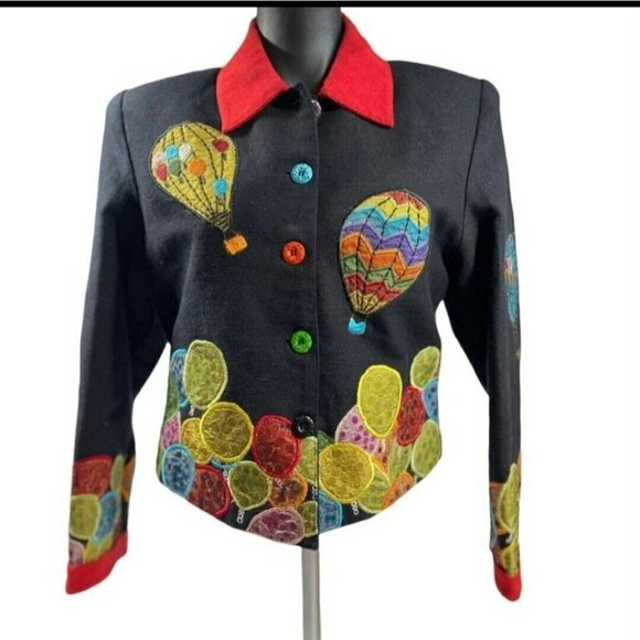 Vintage Anage Black Hot Air Balloons Button Down Jacket Sequins Patchwork 80s S - Picture 2 of 14